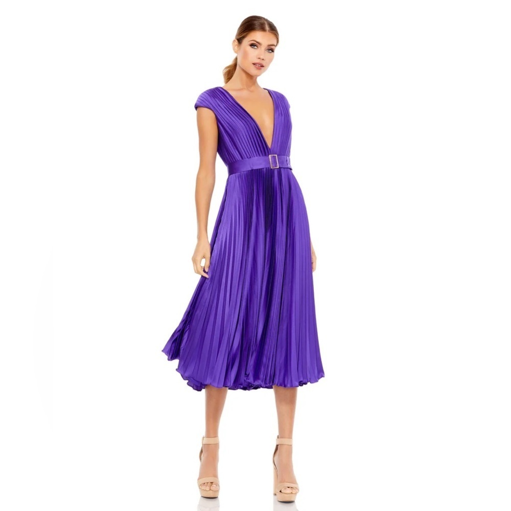 Mac Duggal Purple Pleated Midi Dress with Belt